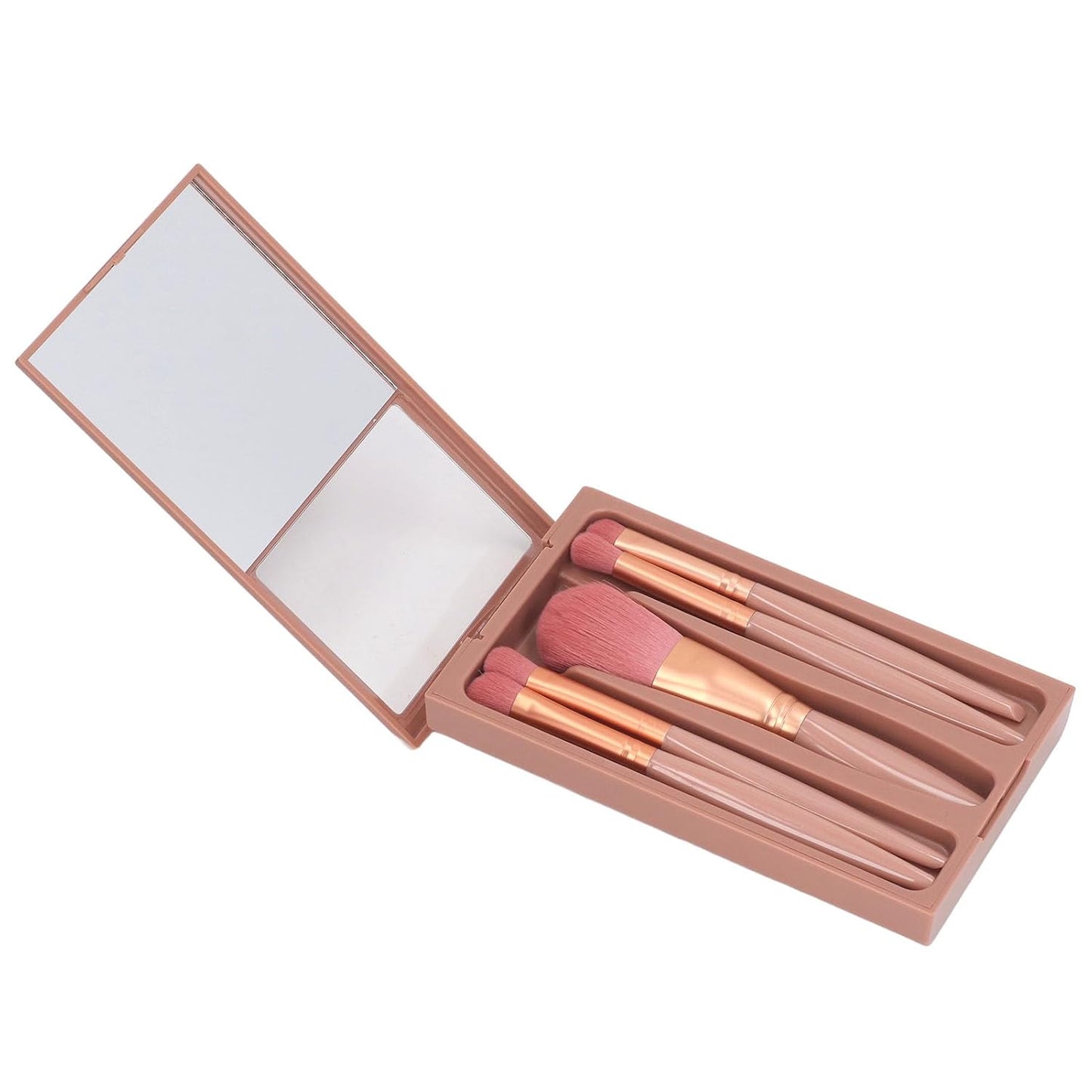 Set 5 Pensule de Machiaj cu Peri Moi Suport pentru Depozitare si Oglinda Roz