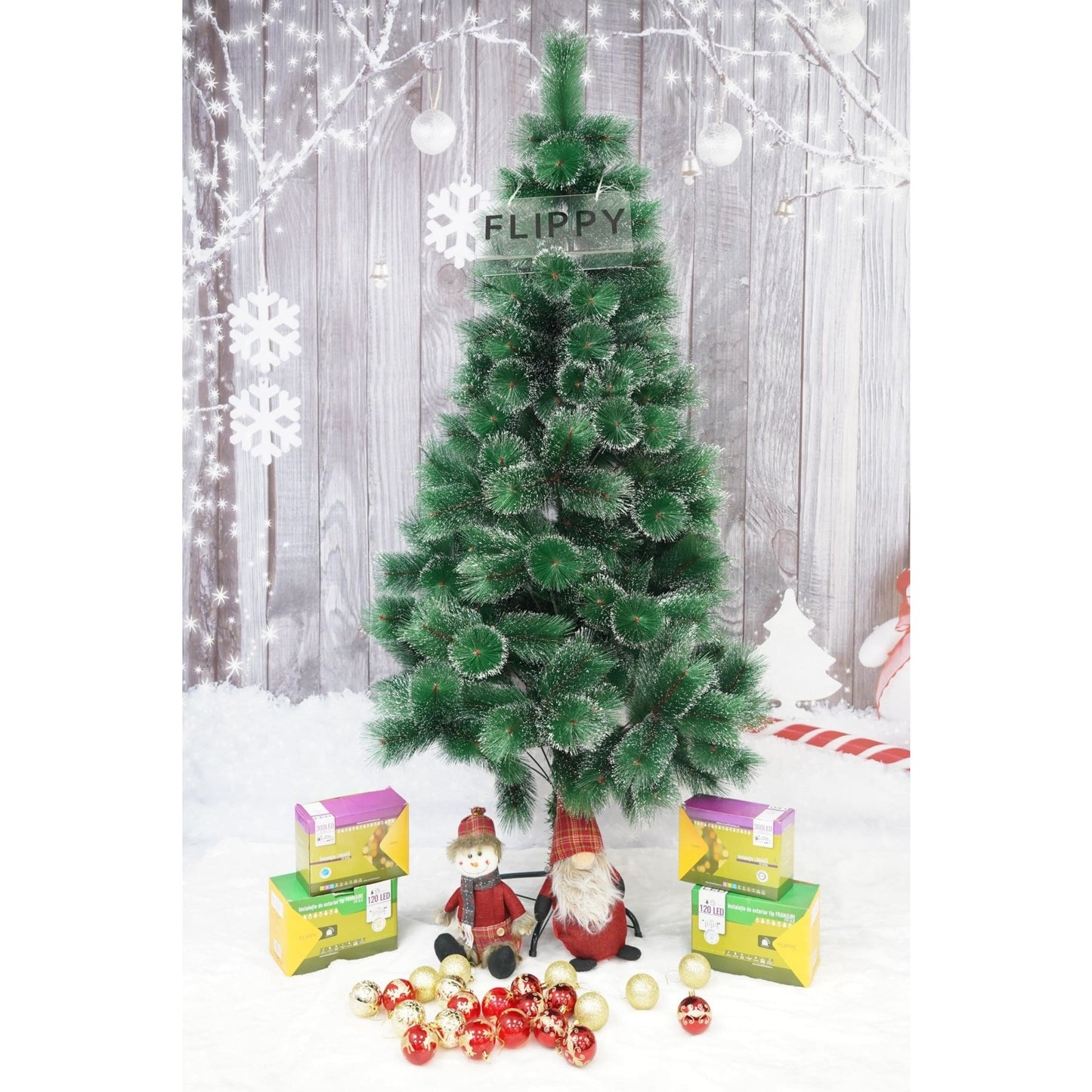 Brad artificial de Craciun tip pin inzapezit, inaltime 150cm, 180cm, 210 cm, ramuri cu ace 3D 12 cm, Flippy, verde cu varfuri ninse, suport metalic inclus