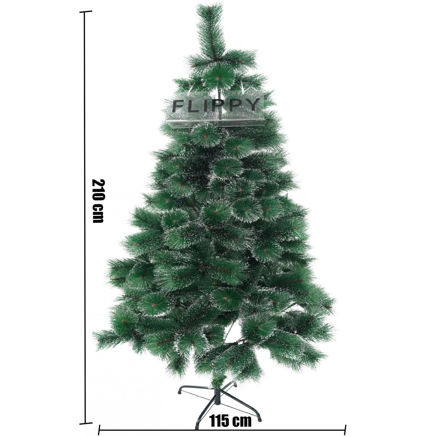 Brad artificial de Craciun tip pin inzapezit, inaltime 150cm, 180cm, 210 cm, ramuri cu ace 3D 12 cm, Flippy, verde cu varfuri ninse, suport metalic inclus