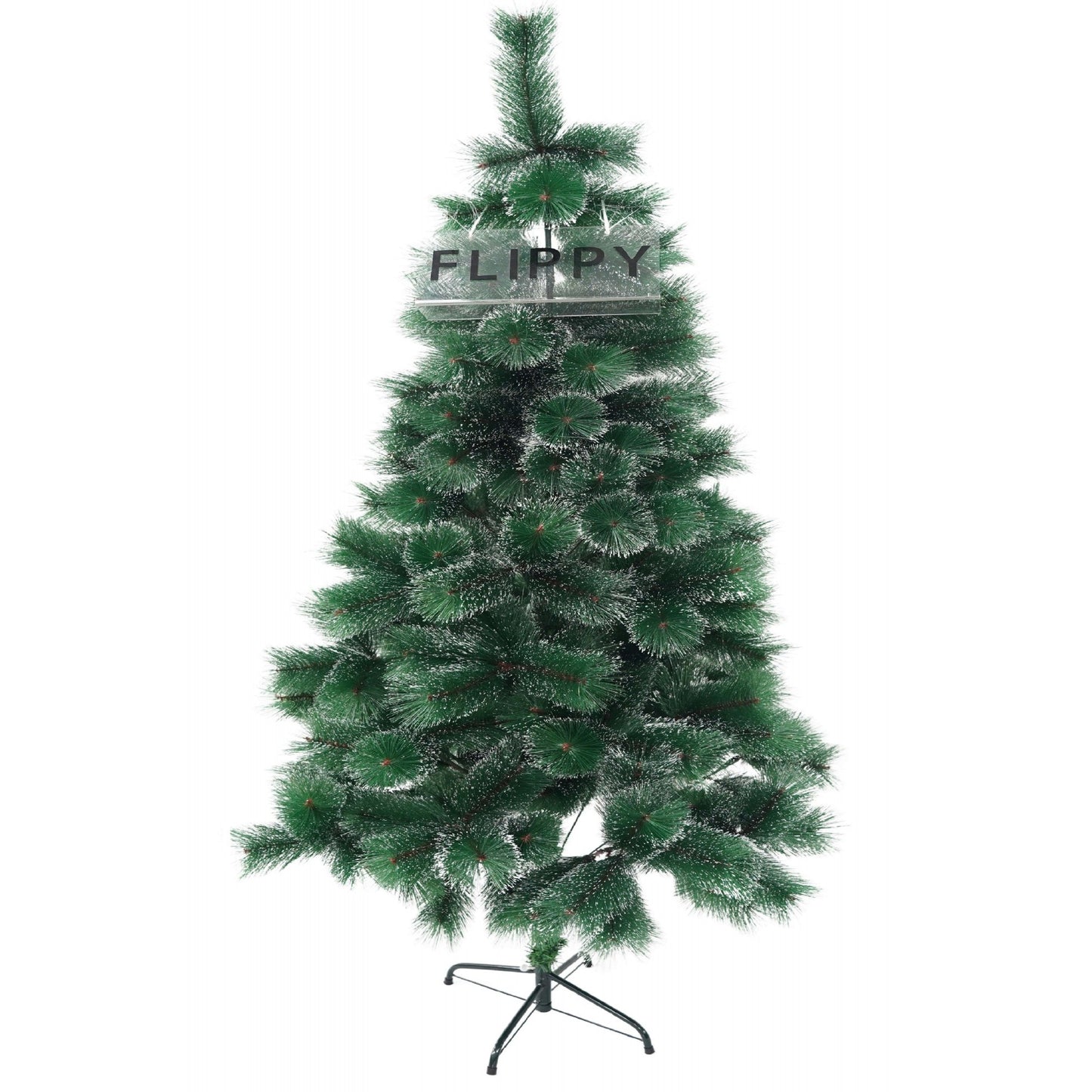 Brad artificial de Craciun tip pin inzapezit, inaltime 150cm, 180cm, 210 cm, ramuri cu ace 3D 12 cm, Flippy, verde cu varfuri ninse, suport metalic inclus