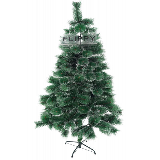 Brad artificial de Craciun tip pin inzapezit, inaltime 150cm, 180cm, 210 cm, ramuri cu ace 3D 12 cm, Flippy, verde cu varfuri ninse, suport metalic inclus