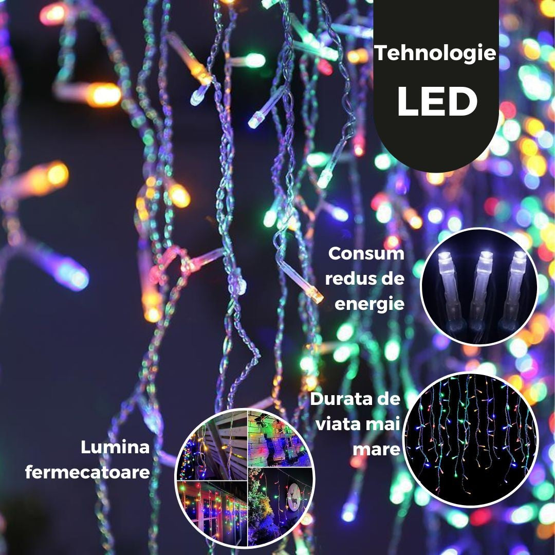 Instalatie Craciun Tip Franjuri/Turturi 12 m 300 LED-uri 8 Jocuri de Lumini Interconectabila Fir transparent