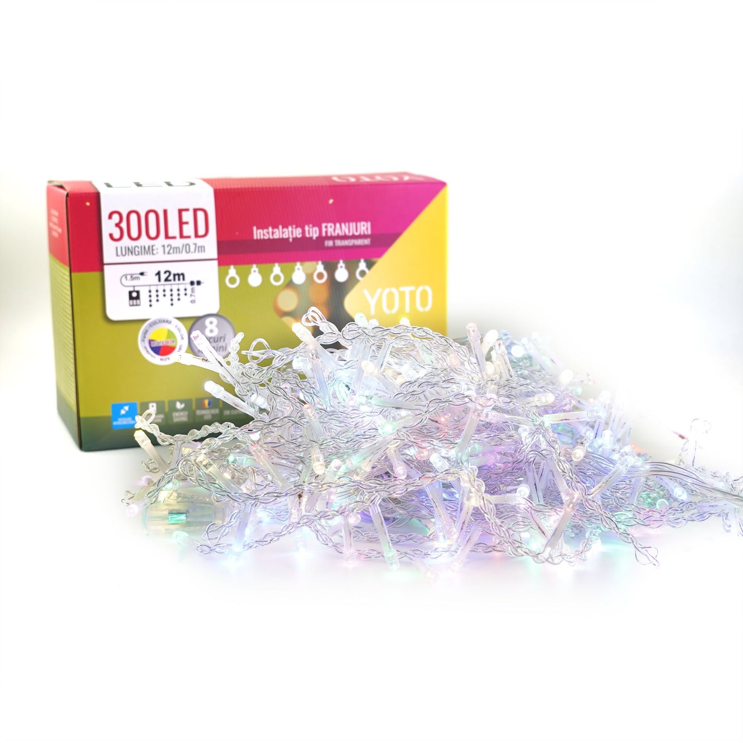 Instalatie Craciun Tip Franjuri/Turturi 12 m 300 LED-uri 8 Jocuri de Lumini Interconectabila Fir transparent