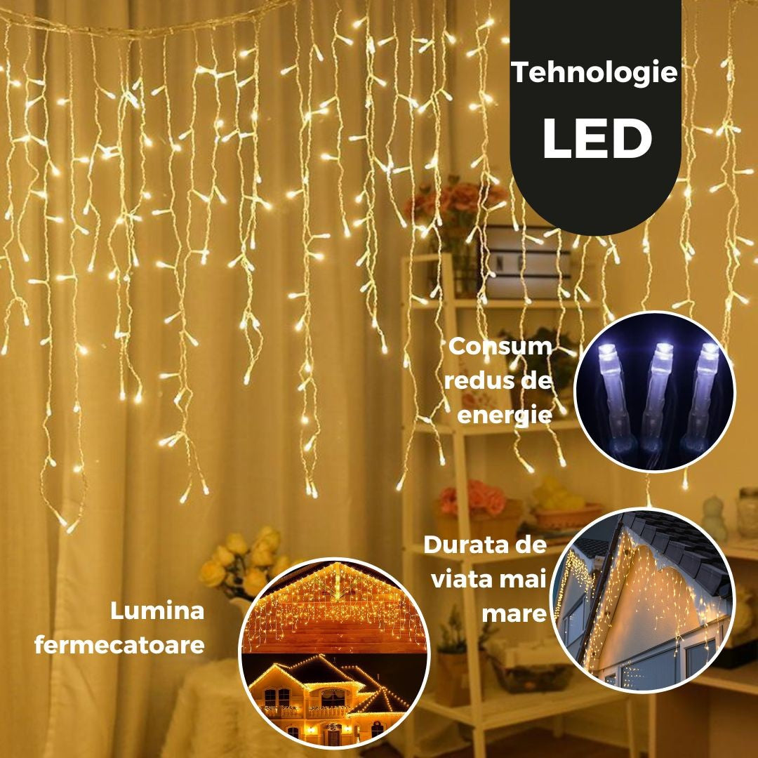 Instalatie Craciun Tip Franjuri/Turturi 12 m 300 LED-uri 8 Jocuri de Lumini Interconectabila Fir transparent