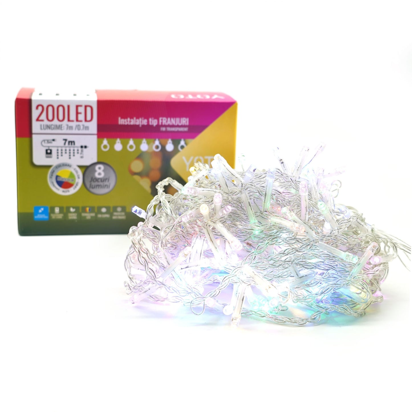 Instalatie Craciun Tip Franjuri/Turturi, 7 m 200 LED-uri 8 Jocuri de Lumini Interconectabila Fir transparent