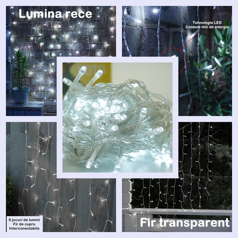 Instalatie Craciun Tip Perdea 2 m x 2 m, 240 LED-uri Interconectabila Fir transparent