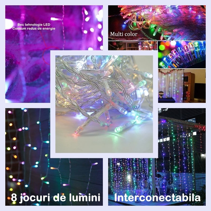 Instalatie Craciun Tip Perdea 5 m x 1 m 200 LED-uri 8 Jocuri de Lumini Interconectabila Fir Transparent