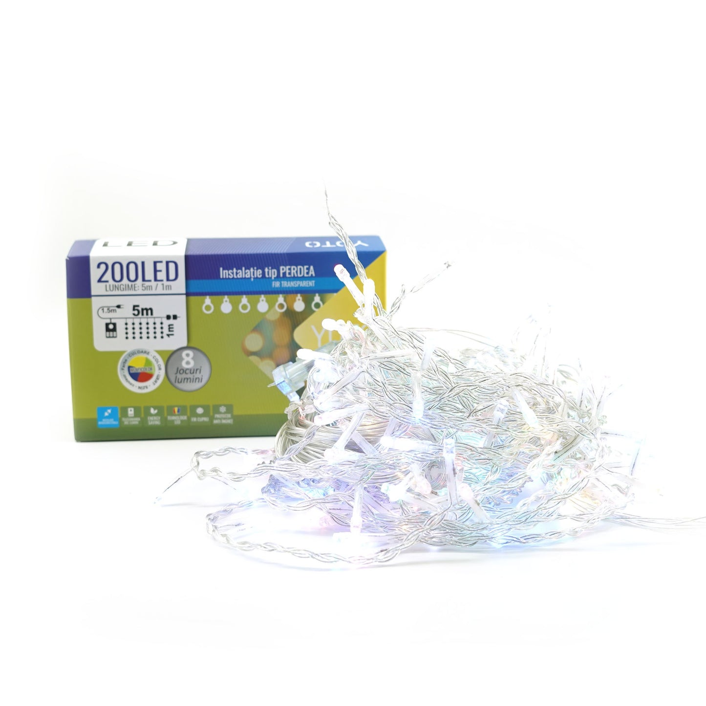 Instalatie Craciun Tip Perdea 5 m x 1 m 200 LED-uri 8 Jocuri de Lumini Interconectabila Fir Transparent