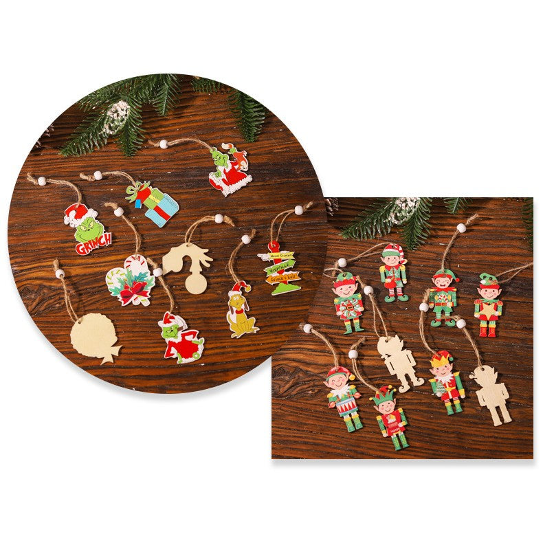 Set 18 Decoratiuni de Craciun din Lemn Model Grinch / Elfi / Turta dulce