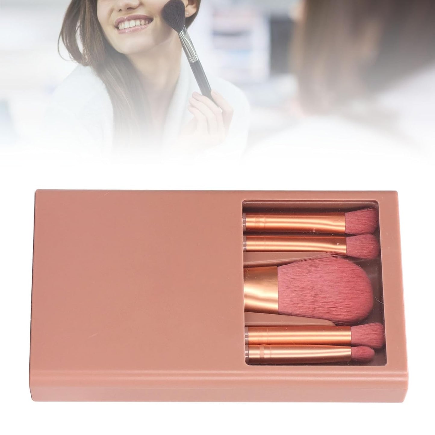 Set 5 Pensule de Machiaj cu Peri Moi Suport pentru Depozitare si Oglinda Roz