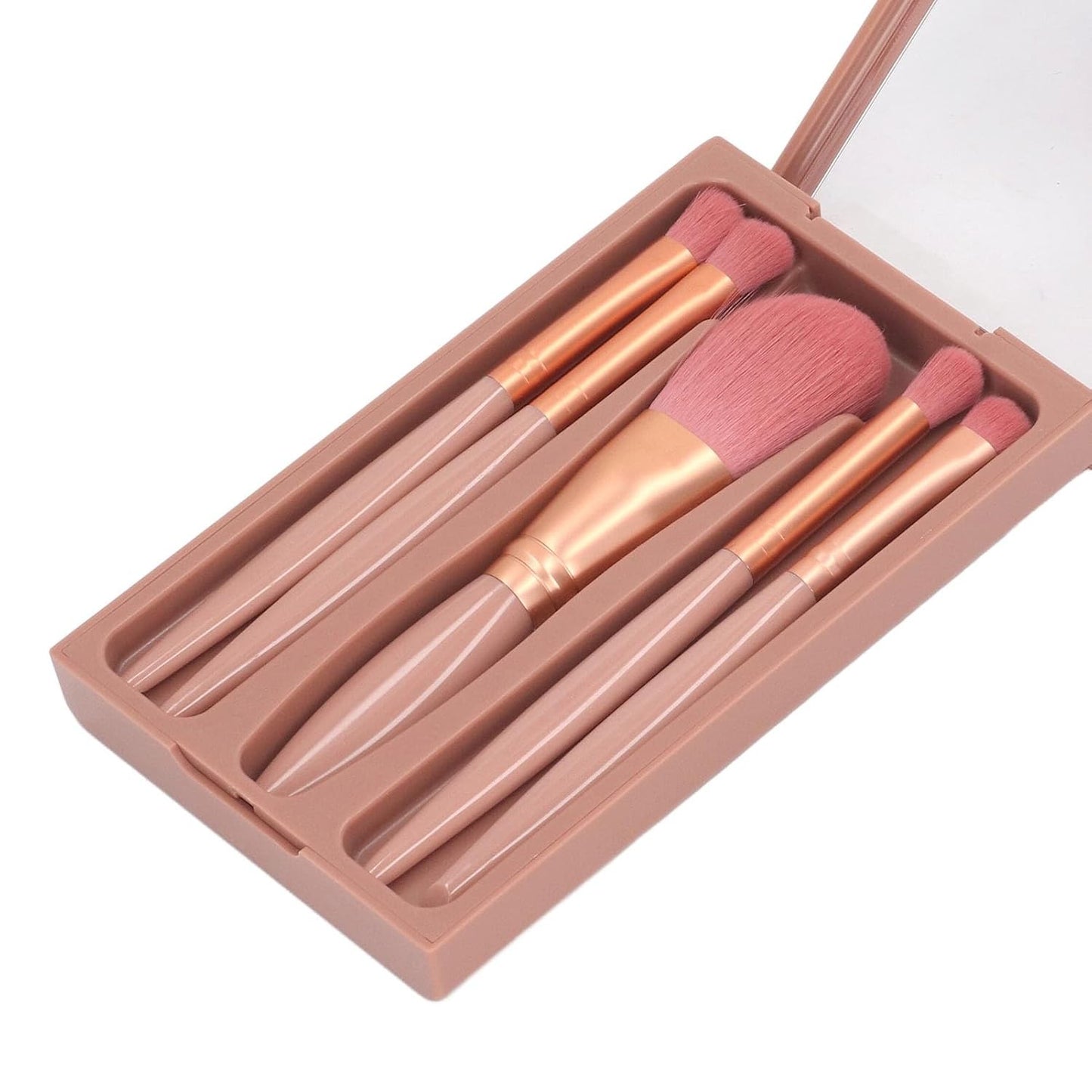 Set 5 Pensule de Machiaj cu Peri Moi Suport pentru Depozitare si Oglinda Roz