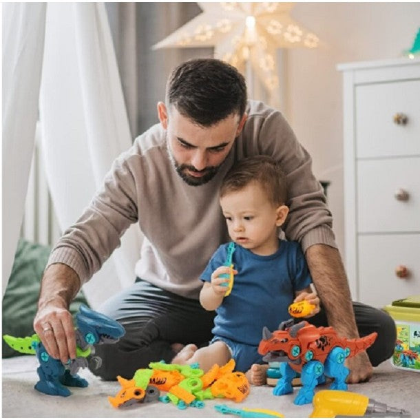 Set de Constructie/Asamblare 4 Dinozauri, cu Bormasina Electrica, Surubelnita si Cutie Depozitare