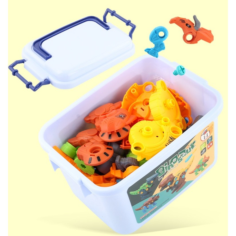 Set de Constructie/Asamblare 4 Dinozauri, cu Bormasina Electrica, Surubelnita si Cutie Depozitare