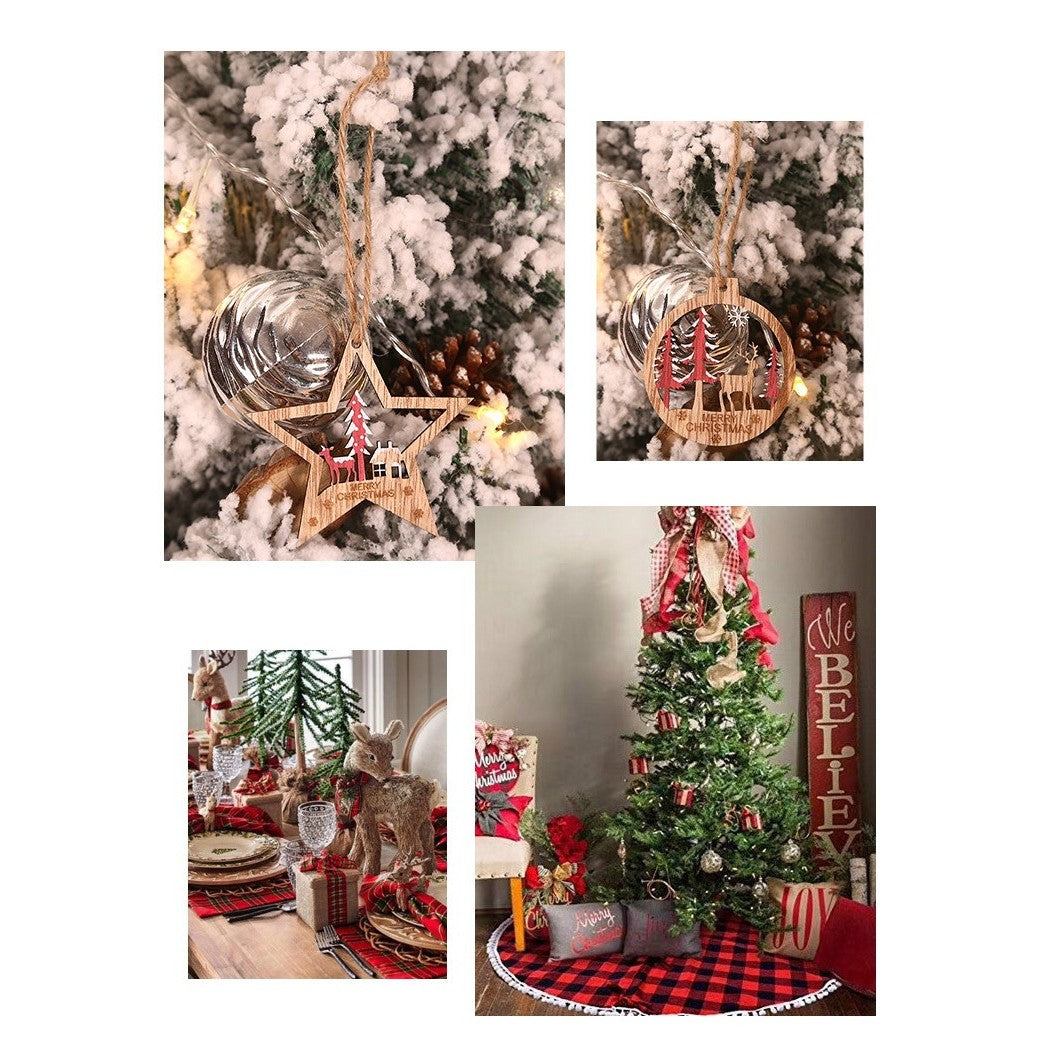 Set 6 Decoratiuni de Craciun din Lemn cu Snur pentru Agatare in Brad