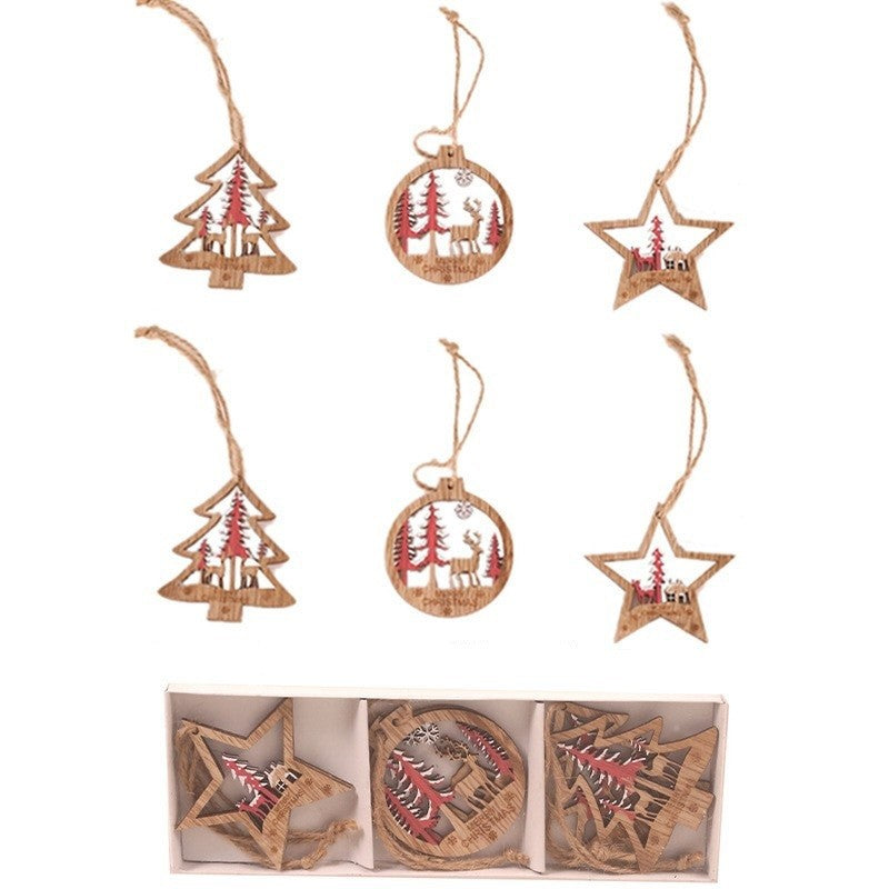 Set 6 Decoratiuni de Craciun din Lemn cu Snur pentru Agatare in Brad