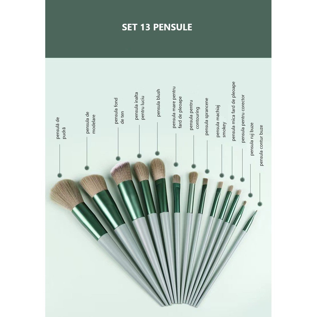Set 13 pensule pentru machiaj super soft makeup profesional/incepatori verde